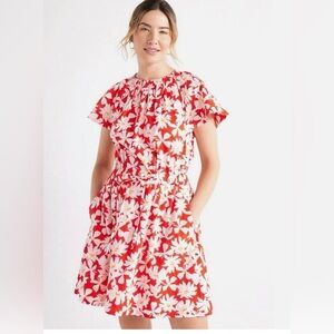 Free Assembly Red Floral Fit and Flare Flutter Sleeve Mini Dress Size XL Cotton